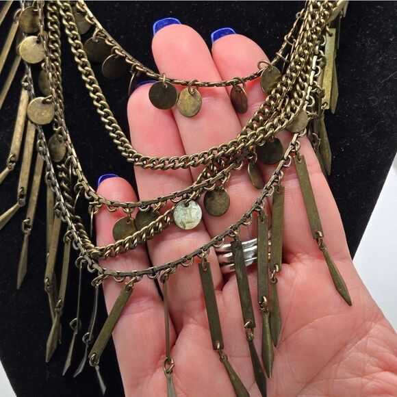 "5/$25" Edgy Brasstone Multi-layered Spike Disc Dangle Charm Necklace - Picture 2 of 7